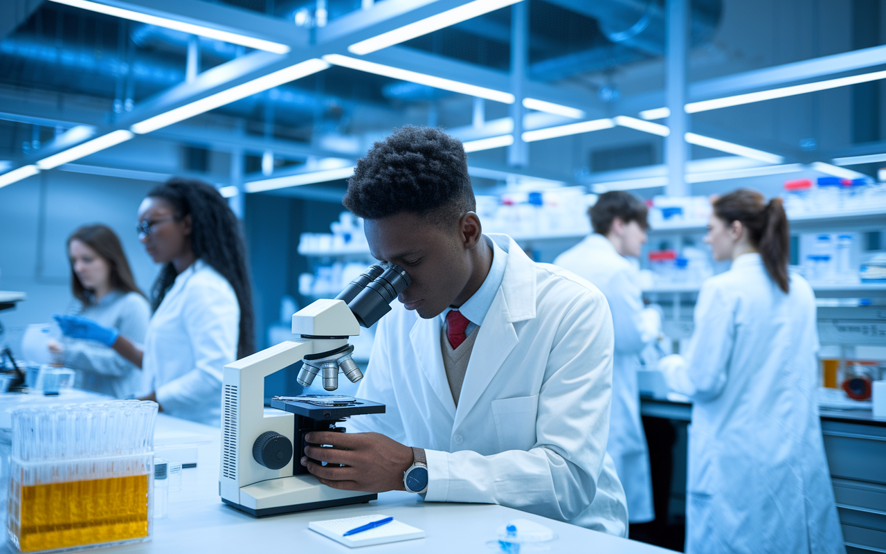 An international medical graduate working in a laboratory, examining specimens under a microscope. The lab is modern, filled with high-tech equipment, and diverse researchers collaborate here, discussing findings. Bright overhead lights illuminate the space, reflecting a vibrant and dynamic research environment focused on advancing healthcare.