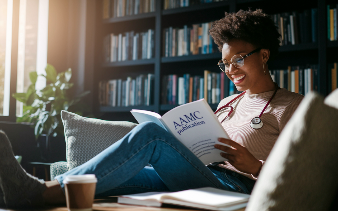 An enthusiastic medical student in a cozy corner of a library, deeply engrossed in reading an AAMC publication. The atmosphere is warm and inviting, with soft, natural light streaming through a window. The student, wearing casual attire and glasses, has a focused expression, surrounded by study materials, including a laptop, notebooks, and a cup of coffee. The shelves of books in the background suggest a scholarly environment, emphasizing a commitment to learning.