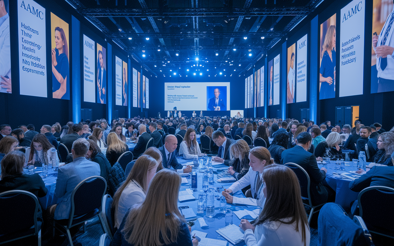 A bustling and dynamic scene from an AAMC annual conference, with attendees engaged in various discussions and workshops. The large room is filled with banners showcasing different medical topics and speakers presenting to enthusiastic participants taking notes. The lighting is bright and focused, creating an atmosphere of inspiration and learning as diverse medical students and professionals interact with one another.