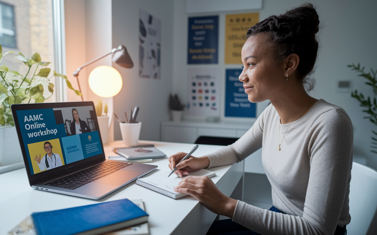 A focused medical student sitting at a modern desk, engaging with an interactive AAMC online workshop on a laptop. The screen features a professional webinar setup, with colorful visuals and a speaker discussing medical topics. The student, dressed casually, has a notebook and pen in hand, taking notes eagerly. Ambient light from a nearby window adds warmth to the room, which is decorated with personal academic achievements and motivational posters.