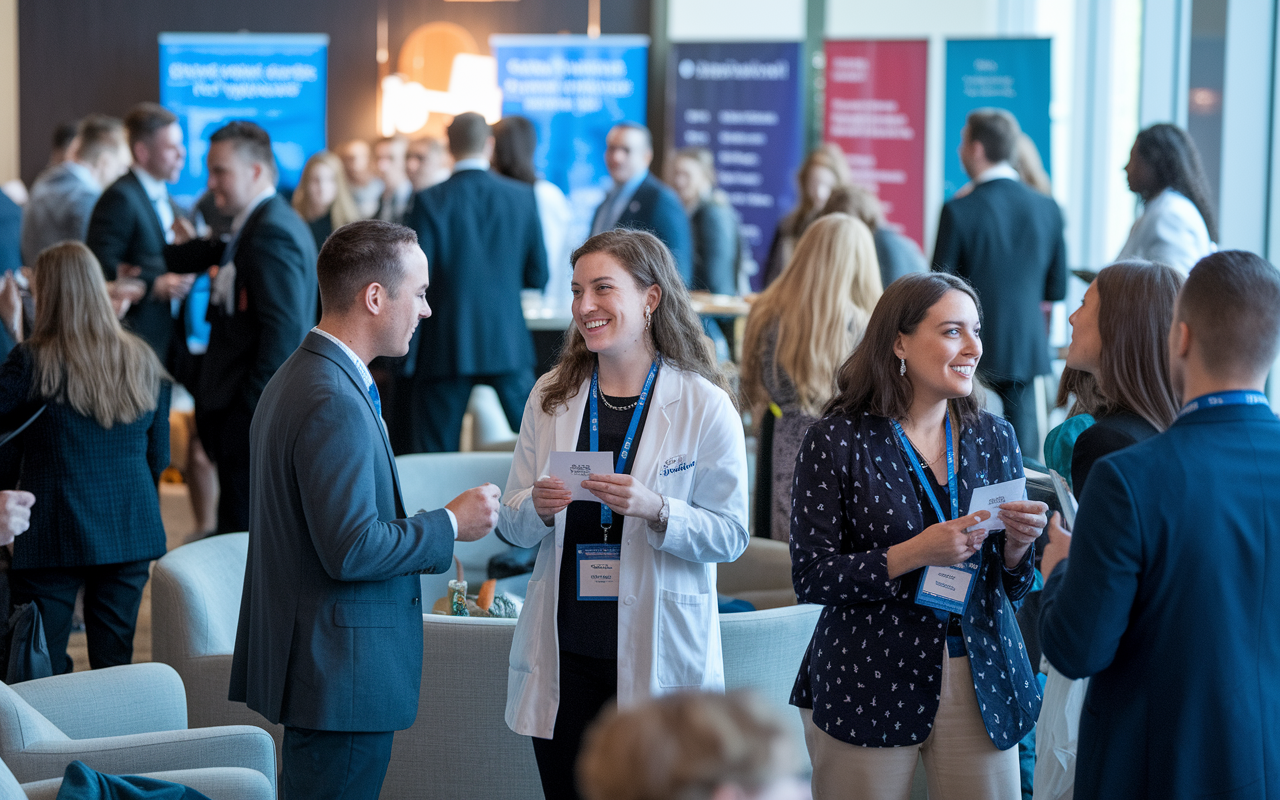 A lively networking session happening at an AAMC event, with groups of medical students and professionals exchanging business cards and ideas. The atmosphere is filled with excitement and collaboration, with banners and informational booths in the background. Soft lighting and casual furniture create a welcoming environment as attendees engage in animated conversations, highlighting the importance of connections in the medical community.