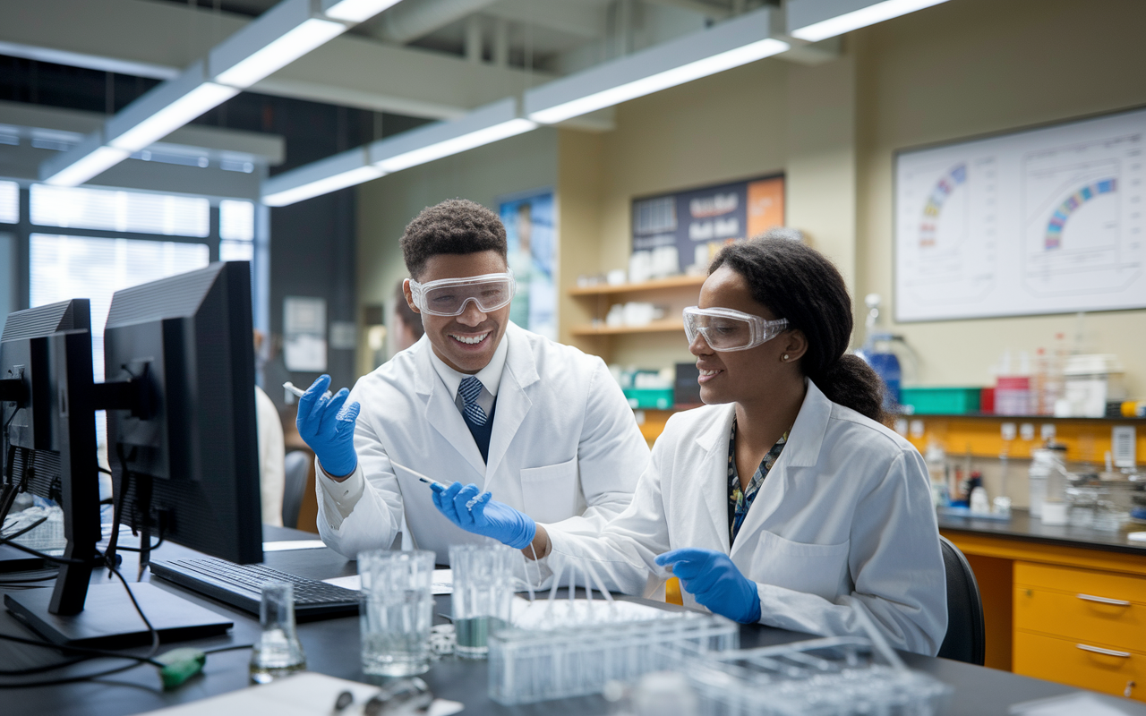 A scene depicting two medical students conducting research in a laboratory environment. They are engaged in discussion over experimental data displayed on screens, clad in lab coats and safety goggles. The lab is filled with state-of-the-art equipment, glassware, and charts on the wall, emphasizing a thriving research atmosphere. Bright fluorescent lights illuminate the focused expressions of the students, showcasing the excitement of scientific discovery.