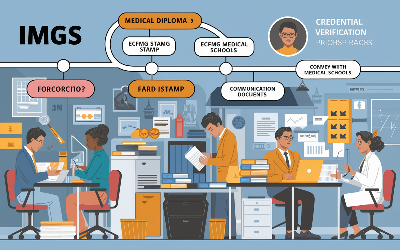 A detailed illustration of the credential verification process for IMGs, showing a flowchart diagram with inputs like medical diploma, ECFMG stamp, and communication with medical schools. Background featuring a bustling office environment with staff members verifying documents, hard at work, conveying the intricacies and challenges faced by IMGs.