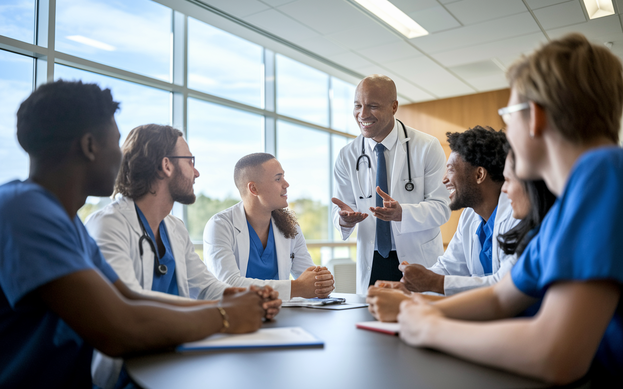 A dynamic medical training session featuring a diverse group of residents engaged in a discussion led by an attending physician of various ethnic backgrounds. The setting is a modern conference room with large windows letting in natural light. The atmosphere is collaborative and energetic, showcasing a blend of different cultures and ideas in a medical training context.