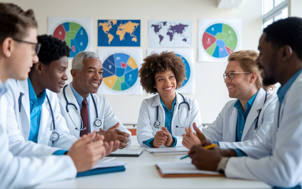 A group of medical residents and faculty engaged in a stimulating discussion on global health issues within a bright seminar room. The students are of various ethnicities, displaying a range of expressions reflecting concentration and enthusiasm. The atmosphere is vibrant, with charts and maps of global health trends displayed, highlighting the importance of a global perspective in medicine.