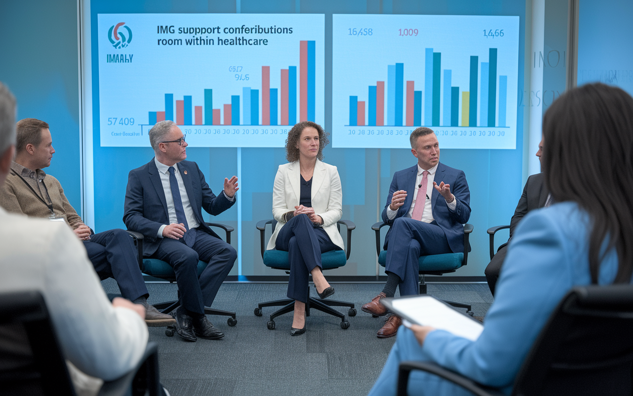 A dynamic discussion panel featuring policymakers and medical professionals gathering to discuss IMG support within healthcare. The setting is a government conference room where various stakeholders appear engaged and passionate about the issue. Visuals of charts comparing statistics on IMG contributions to healthcare can be seen in the background, representing proactive advocacy.