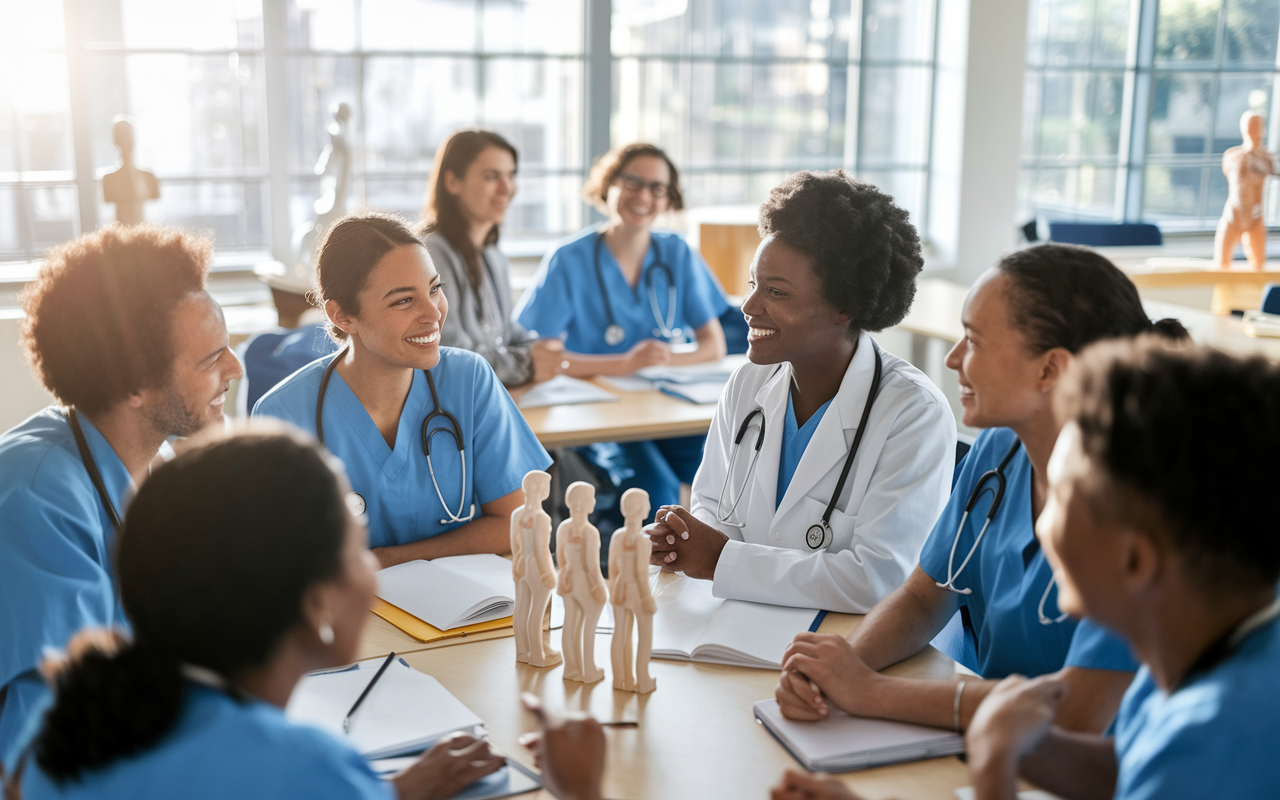 A diverse group of medical residents from various cultural backgrounds engaged in a lively discussion during a training session in a well-lit classroom. The room is equipped with anatomical models and learning materials. Light streams in through large windows, creating a warm and inviting atmosphere. The expressions of the residents reflect enthusiasm and camaraderie, showcasing the supportive community found in IMG-friendly programs.