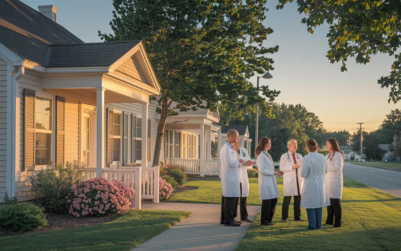 A picturesque small-town hospital in the late afternoon, featuring a welcoming facade with blooming flowers and a serene environment. Nearby, residents in white coats are engaging in lively discussions outside, with the sunset casting a golden glow over the scene. The tranquility of the surrounding nature suggests a perfect balance between professional life and personal well-being, characteristic of IMG-friendly residency programs situated in less urban areas.