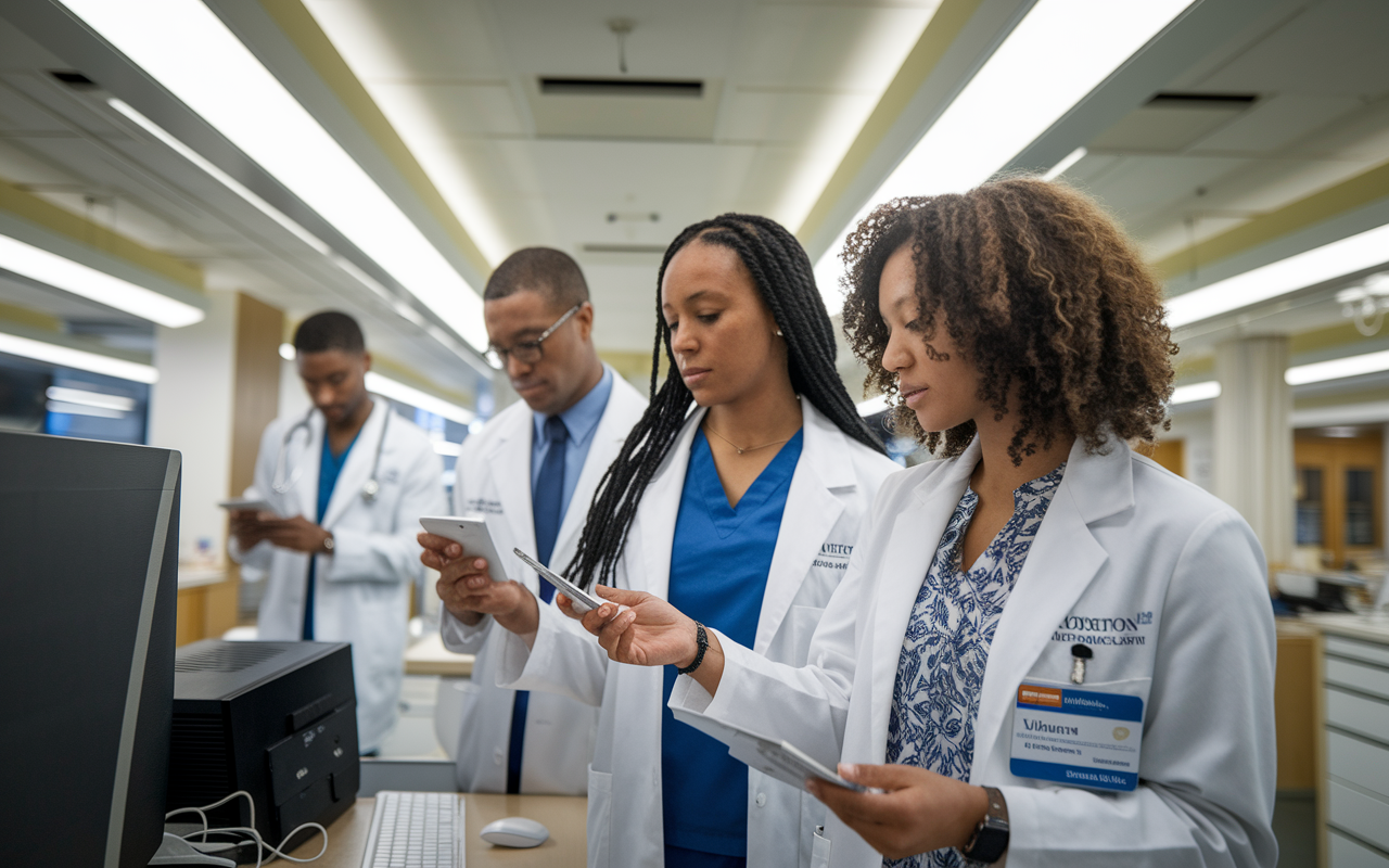 An internal medicine residency program at Norton Healthcare, showcasing residents interacting with advanced medical technology in a state-of-the-art facility. Bright fluorescent lights illuminate the space, where residents of various backgrounds examine diagnostic tools together. Their focused expressions suggest a commitment to learning and patient care that embodies the program's innovative training approach.