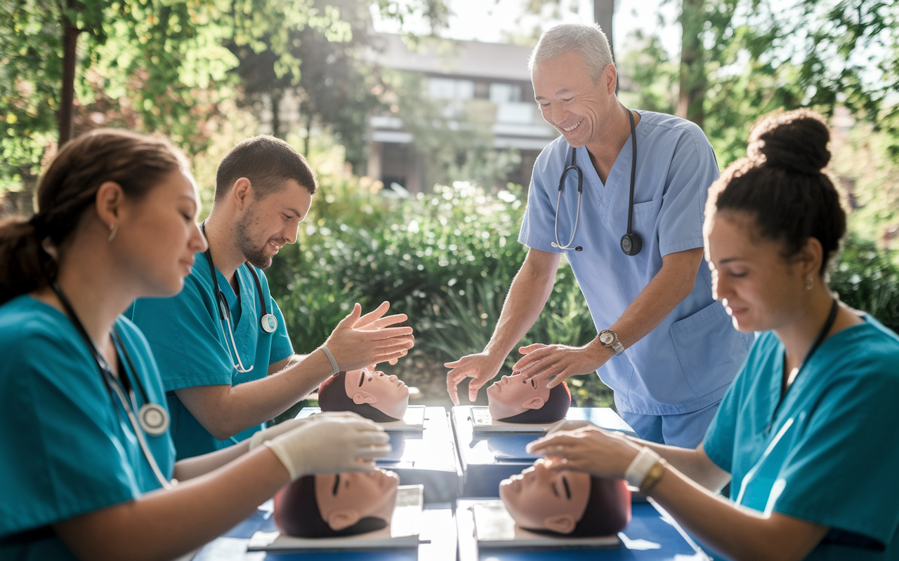 A serene training environment at Loma Linda University where anesthesiology residents are engaged in a hands-on workshop, surrounded by lush greenery and sunlight. The image captures a compassionate instructor guiding them with gentle enthusiasm as they practice on simulation models. The atmosphere radiates supportive learning and holistic values, reflecting the program's focus on both educational and personal growth.