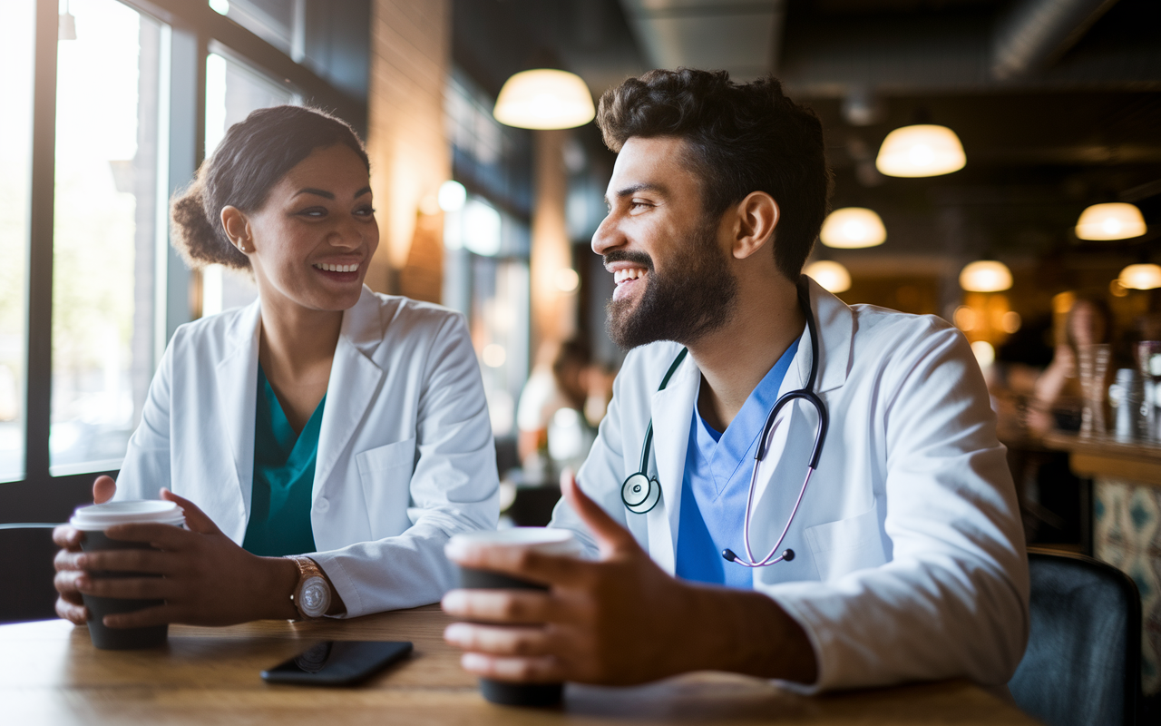 A heartwarming scene depicting Dr. Samira and Dr. Rahman reflecting on their experiences as residents at their respective programs. They are seated in a cozy coffee shop, sharing their success stories with an atmosphere filled with warmth and camaraderie. Natural light pours in through the windows, enhancing their animated expressions and the feeling of community. This image emphasizes the supportive nature of IMG-friendly residency programs.