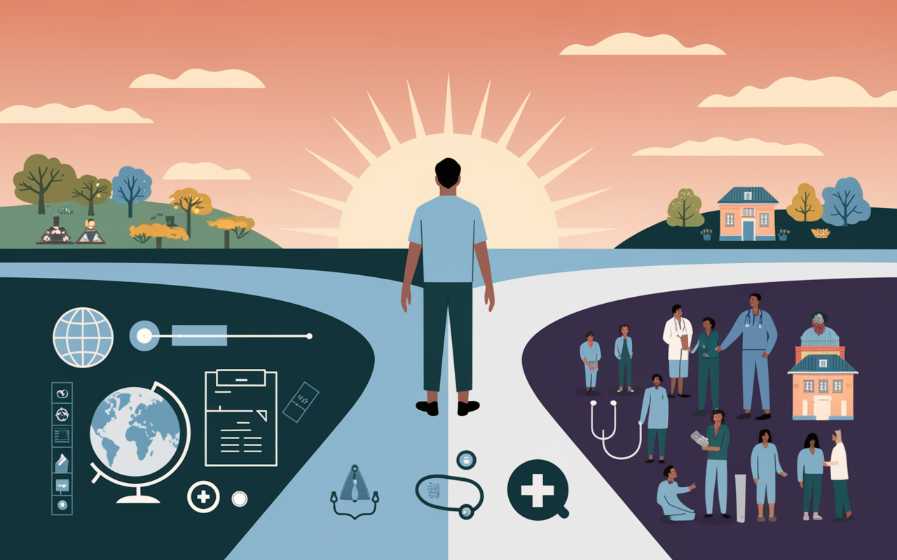 A thoughtful illustration depicting an IMG standing at an intersection symbolizing the challenges they face in the medical field. One path shows cultural barriers, including language and social differences, while the other path represents opportunities like mentorship and support. The image combines symbolic elements, such as a globe, medical instruments, and diverse communities, under a soft, optimistic sunrise, representing hope and determination.