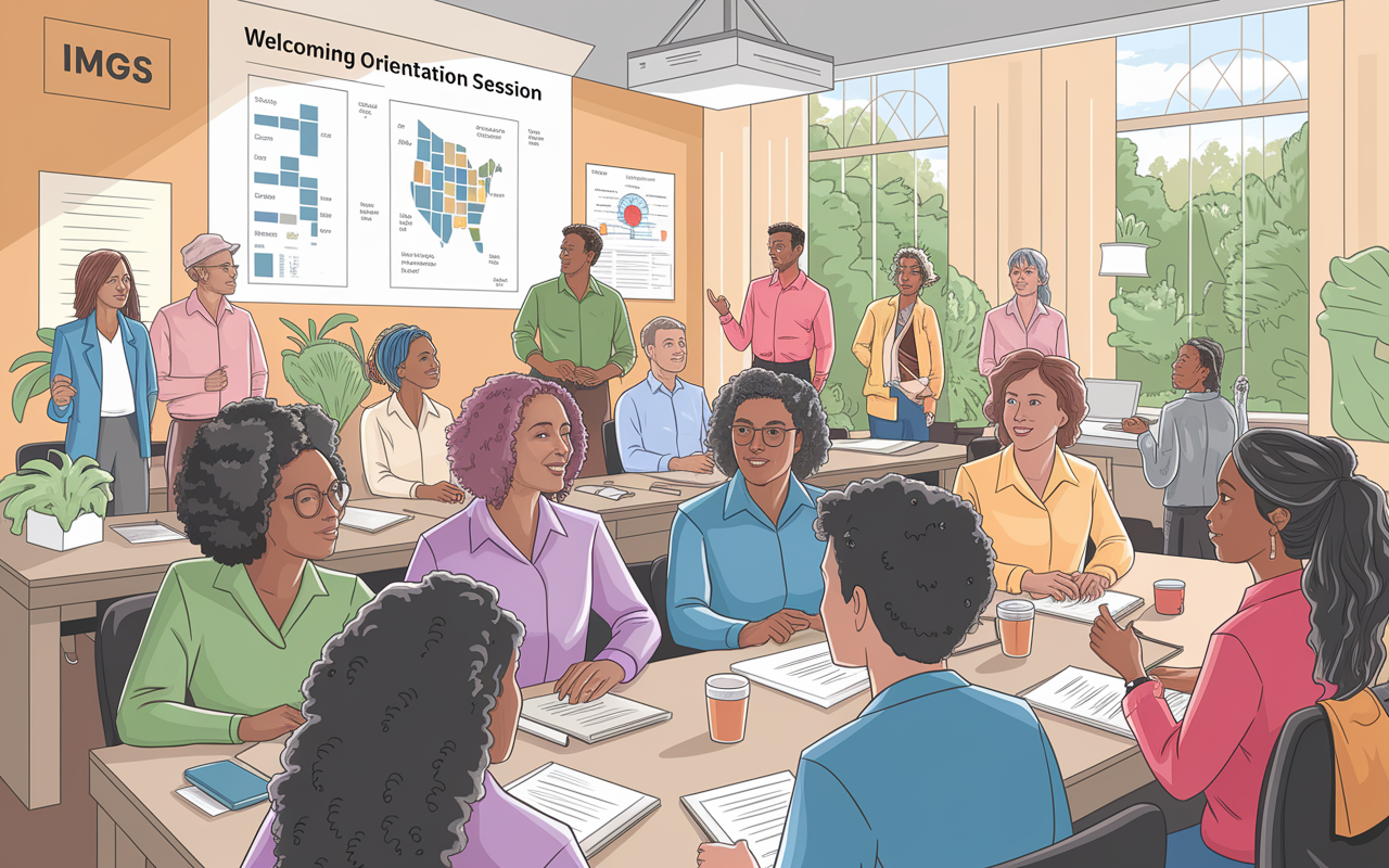 A detailed illustration of a welcoming orientation session for IMGs, showcasing a diverse group of attendees actively engaging with a seasoned mentor. The scene is filled with visual aids, like charts of the U.S. healthcare system displayed on a projector, and participants asking questions in an open, collaborative environment. The room is flooded with soft natural light, with a sense of encouragement and community.