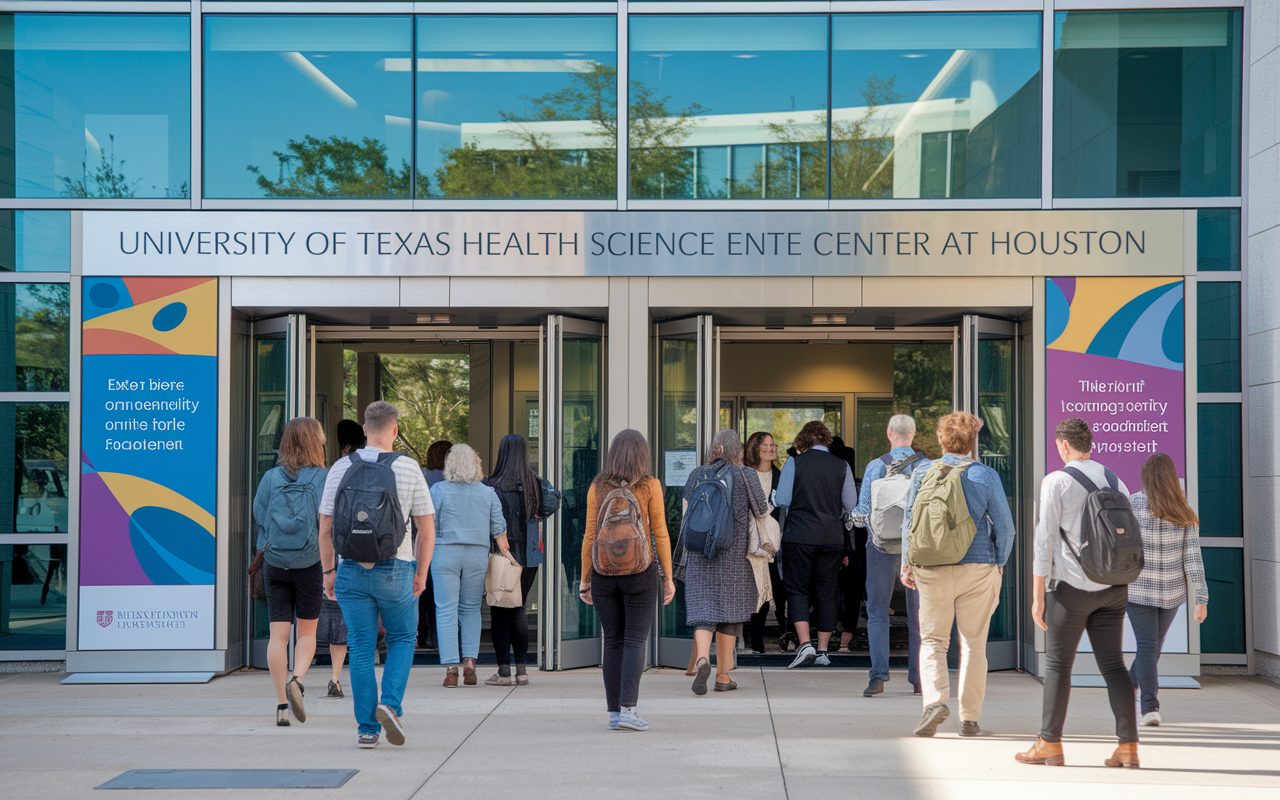 An inviting exterior view of the University of Texas Health Science Center at Houston building, with a diverse group of IMGs entering the facility. The scene showcases banners promoting inclusivity, with residents engaged in discussions and activities outside the entrance. Bright, hopeful sunlight bathes the space, highlighting the welcoming atmosphere and community spirit.