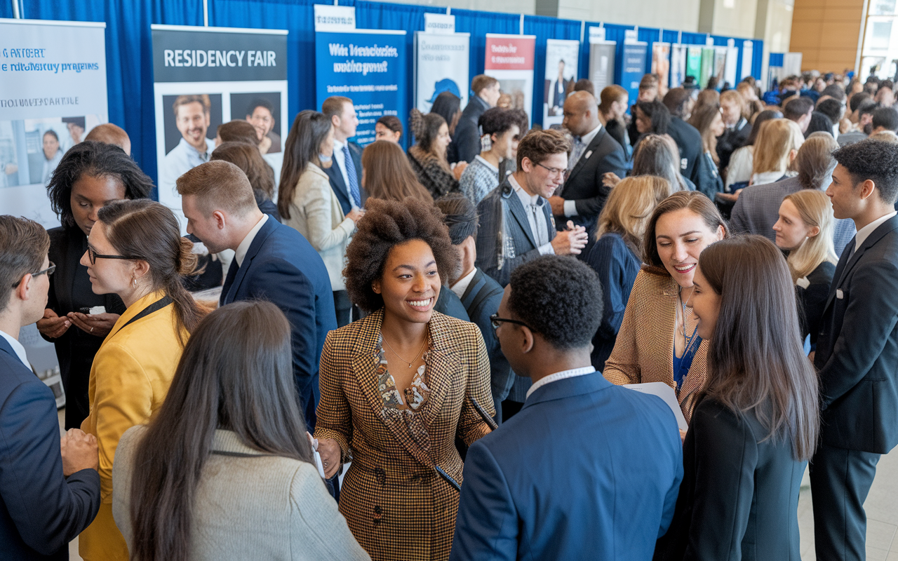 A dynamic scene showing a group of diverse current residents and IMGs networking at a residency fair. Attendees are engaged in animated conversations, exchanging experiences and advice, with banners and informational booths highlighting various residency programs. The atmosphere is lively, filled with energy and excitement, as individuals are dressed in smart casual attire and sharing important insights.