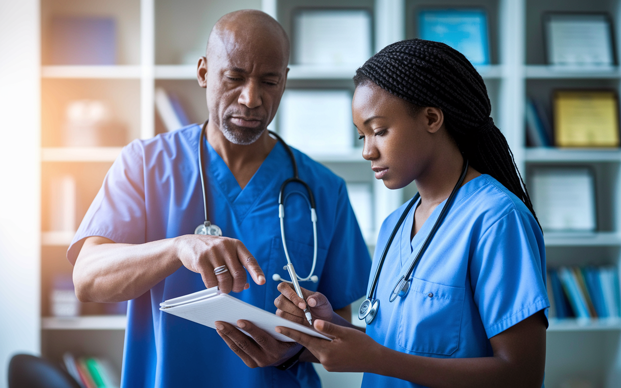 A focused scene in a hospital mentorship setting, featuring a seasoned physician guiding an anxious International Medical Graduate in blue scrubs. The mentor points to a medical chart while the IMG takes notes, illustrating a moment of valuable guidance. Soft, natural lighting filters through the hospital window, creating an inspiring atmosphere filled with hope and learning. The background reveals shelves adorned with medical books and certificates, emphasizing the importance of mentorship in the medical field.