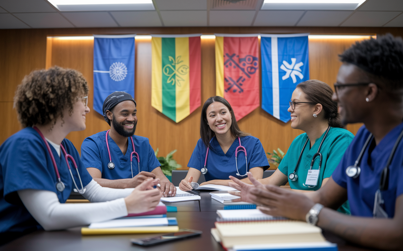 A group of residents in a shared study room, highlighting cultural diversity. Each resident, dressed in their distinctive medical scrubs, engages in discussions over a table filled with books and resources. Banners displaying multicultural flags decorate the walls, symbolizing inclusivity and respect. Warm, ambient lighting enhances the collaborative and friendly atmosphere, demonstrating a sense of community within the residency program.