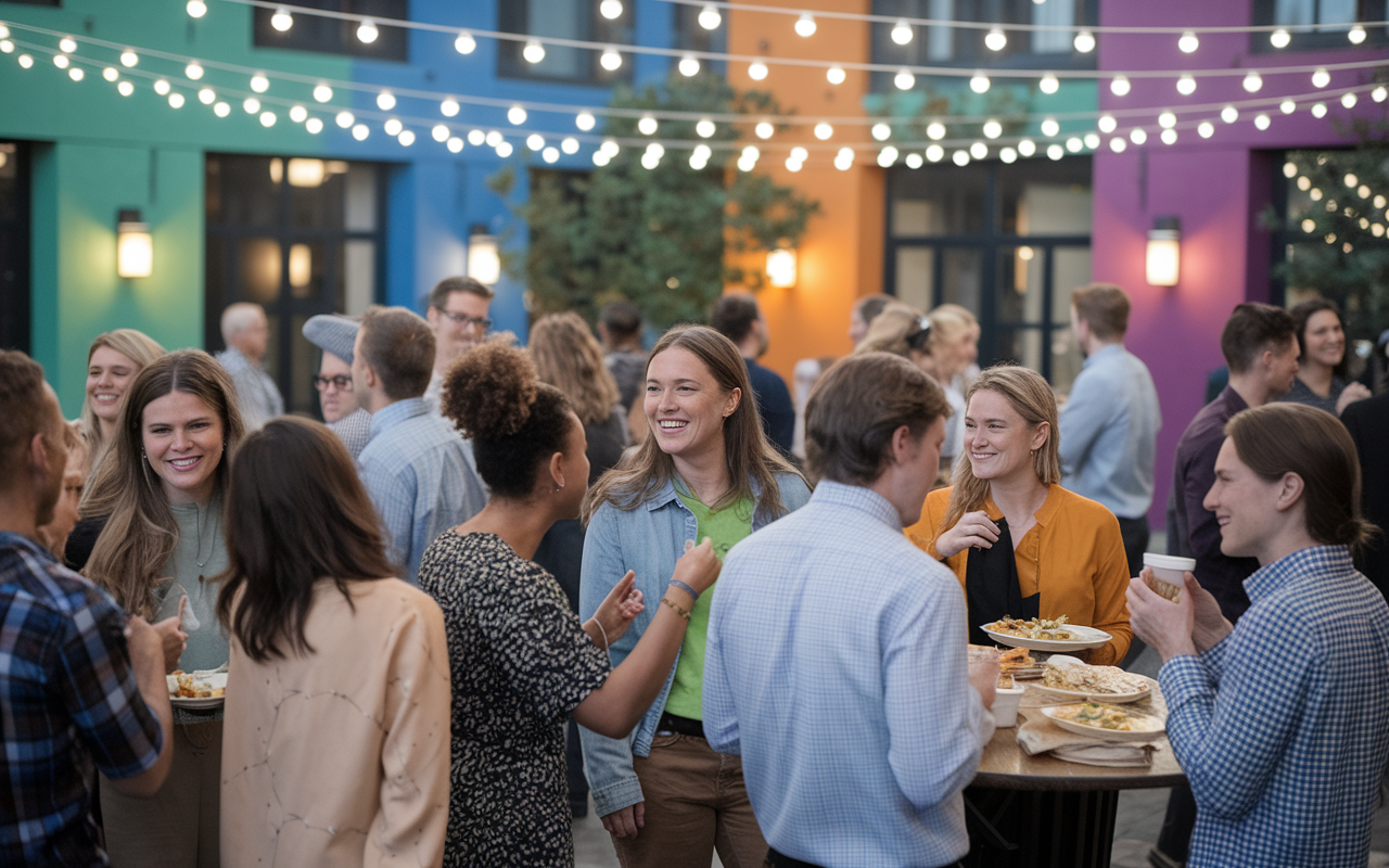 A lively social event at a residency program, with diverse residents engaged in friendly conversations and activities. The setting is a colorful courtyard adorned with string lights, where attendees share food and laughter, fostering community. The expressions of joy and camaraderie can be seen, highlighting the importance of togetherness and support among IMGs. The warm evening glow enhances the harmonious atmosphere, creating a sense of belonging.