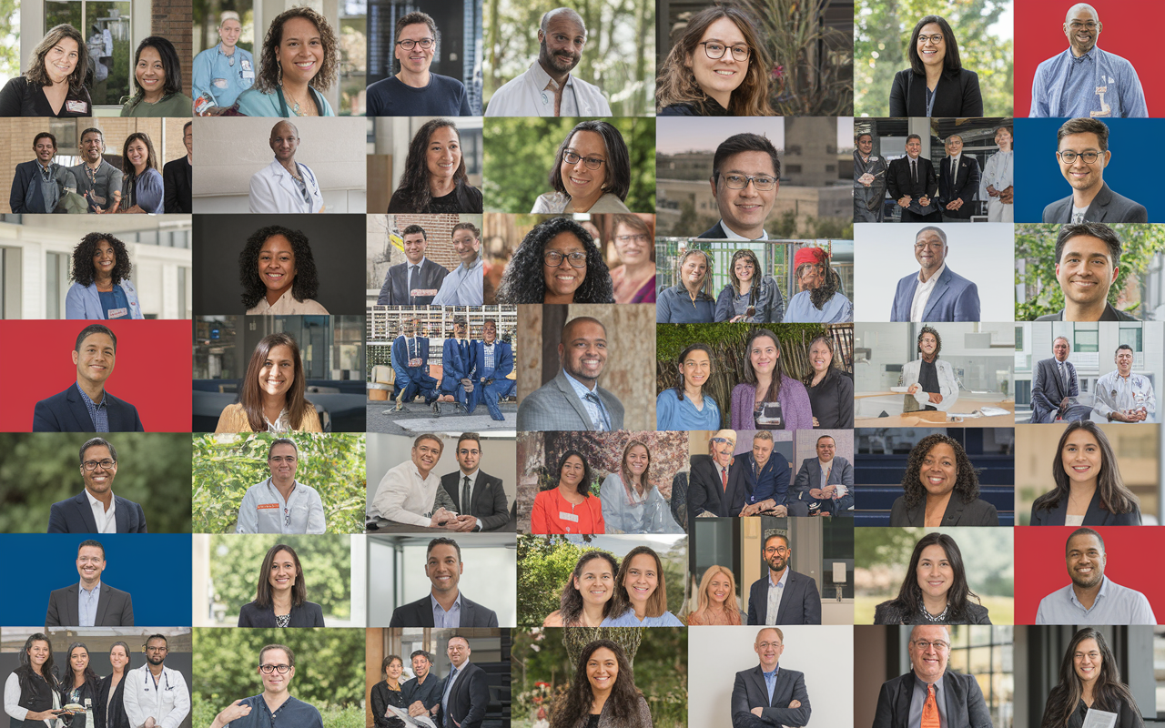 An inspiring collage depicting various scenes of support for International Medical Graduates in residency. Showcasing mentorship moments, cultural celebrations, and social gatherings among residents, this montage emphasizes the journey of unity, resilience, and success. Bright colors and joyful expressions symbolize hope and encouragement, fostering an uplifting message for aspiring IMGs.