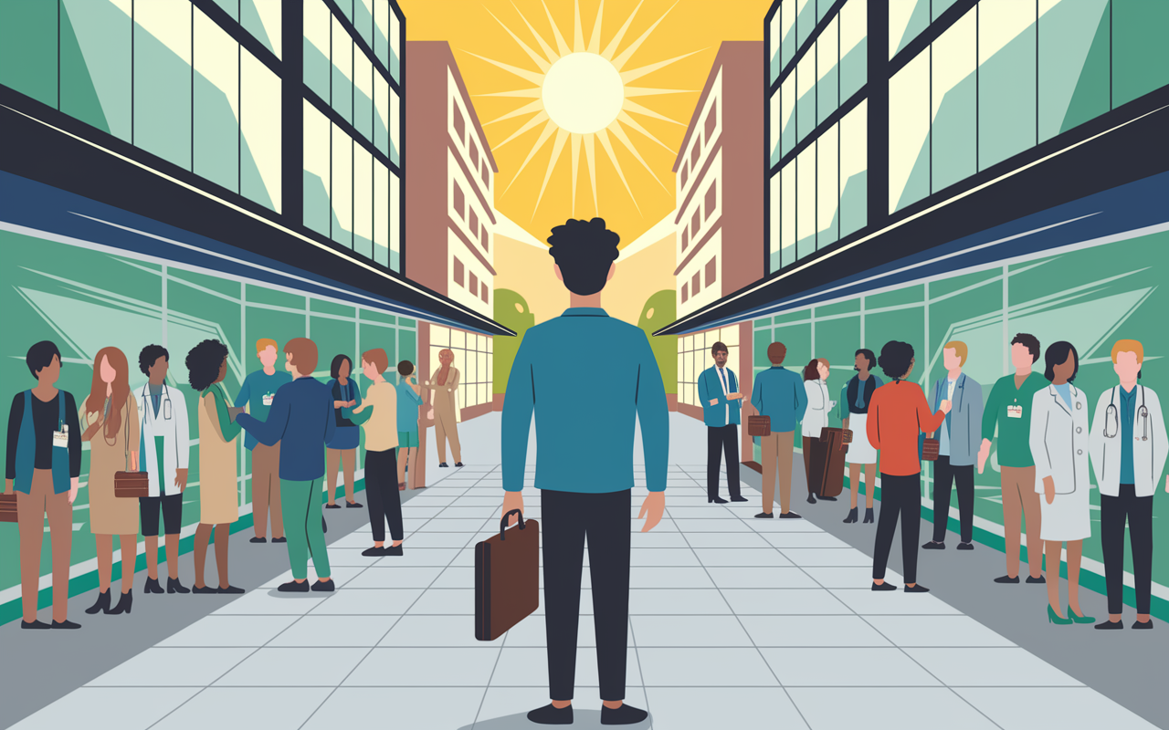 An illustration of an IMG standing nervously in front of a hospital entrance, holding a briefcase and looking up at the building with determination. The hospital is modern, with reflective glass windows and a welcoming atmosphere. Around the IMG, a diverse group of residents from various backgrounds is seen engaging with patients, showcasing teamwork and inclusivity. The sun shines brightly, casting a hopeful light on the scene, symbolizing growth and adaptation within a new culture.