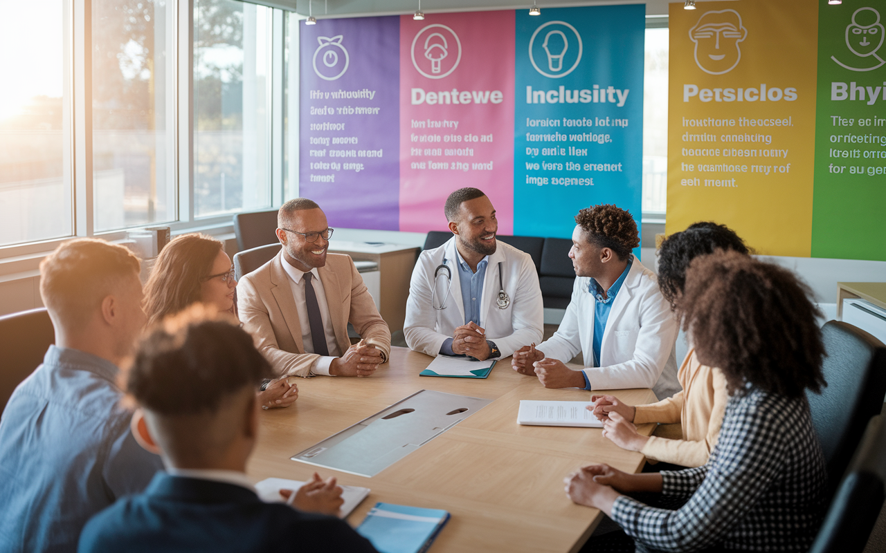 A vibrant and diverse mentoring session taking place in a conference room filled with bright colors and inspirational posters about inclusivity and support. A group of IMGs gathers around a seasoned physician mentor who is sharing valuable insights. The room is warm, filled with enthusiasm and determination. Light streams in through large windows, and the atmosphere is one of encouragement and collaboration, reflecting the program's commitment to helping IMGs succeed.