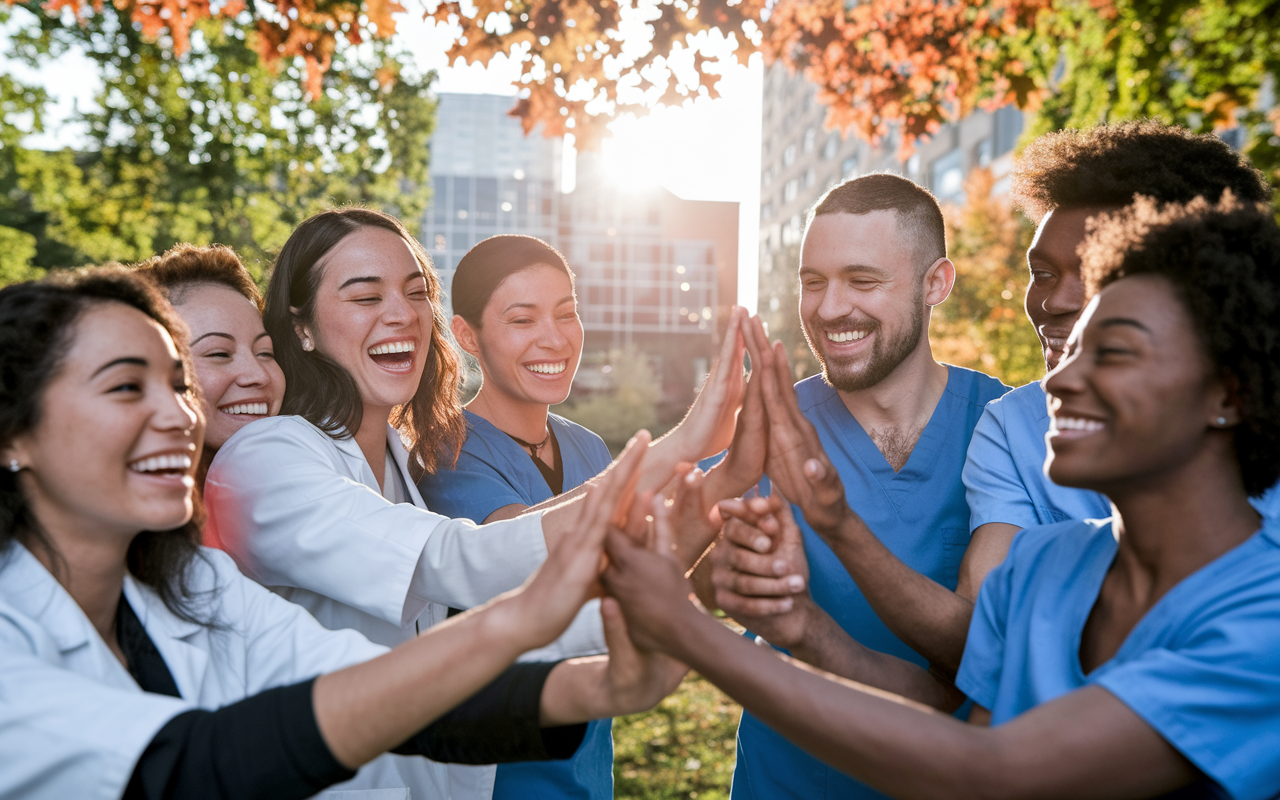 A group of smiling residents, including IMGs and U.S. graduates, enjoying a community event together outside a hospital. They're participating in a team-building activity, surrounded by greenery and autumn leaves, signifying growth and change. The warmth of the late afternoon sun highlights their camaraderie and shared purpose, encapsulating the essence of support and community within the residency program. A festive atmosphere with supportive interactions and laughter among diverse groups.