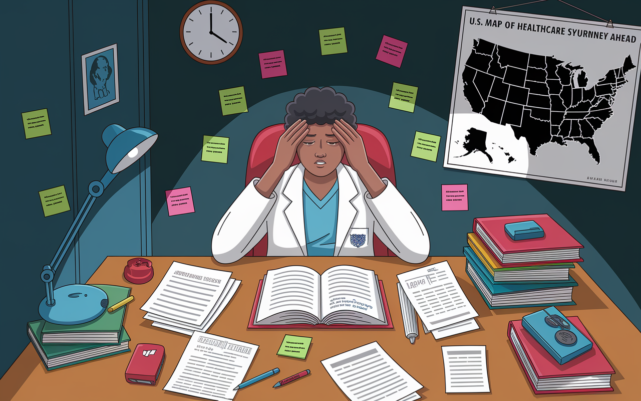 An overwhelmed international medical graduate sitting at a desk cluttered with application forms, visa documents, and medical textbooks, surrounded by post-it notes filled with reminders. The lighting is dim, conveying stress and uncertainty. A wall clock shows late hours, with shadows deeper around the desk area. A map of the U.S. healthcare system hangs on a nearby wall, symbolizing the complex journey ahead. The expression on the graduate’s face showcases determination amidst the challenges.