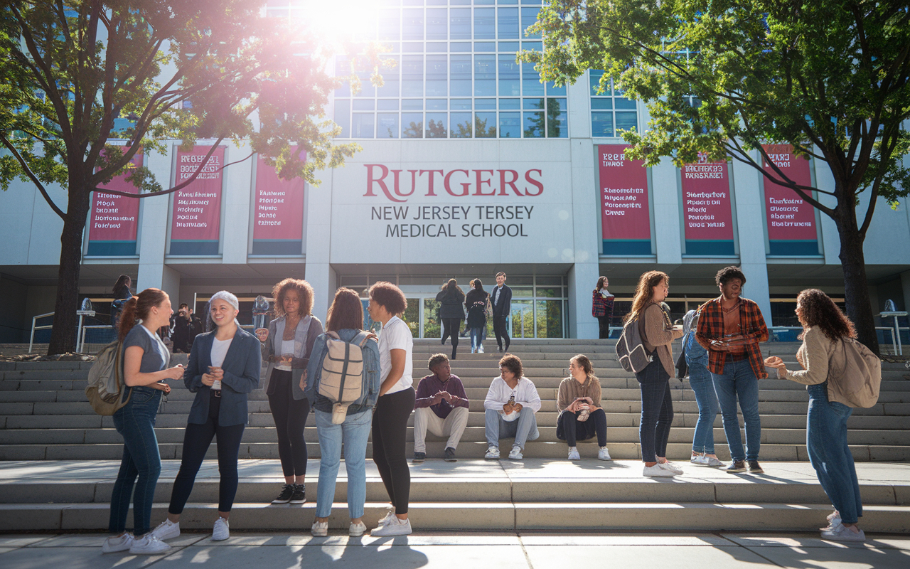 A busy scene outside Rutgers New Jersey Medical School, showcasing students of various backgrounds interacting, conversing, and sharing experiences. The university building is modern, with banners promoting diversity and inclusion. Bright sunlight filters through trees, symbolizing growth and opportunity, while groups of students engage in discussions on the school’s steps, creating a lively and supportive atmosphere.