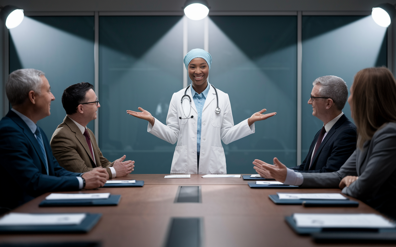 An enthusiastic International Medical Graduate (IMG), a Middle-Eastern woman in a white coat, is confidently presenting her resume to a panel of residency program directors in a bright conference room. The background features a boardroom table with medical equipment and files scattered about. The directors look engaged, with one nodding appreciatively, while the IMG gestures toward her experiences on the resume, illuminated by focused spotlights creating a sense of opportunity and hope.