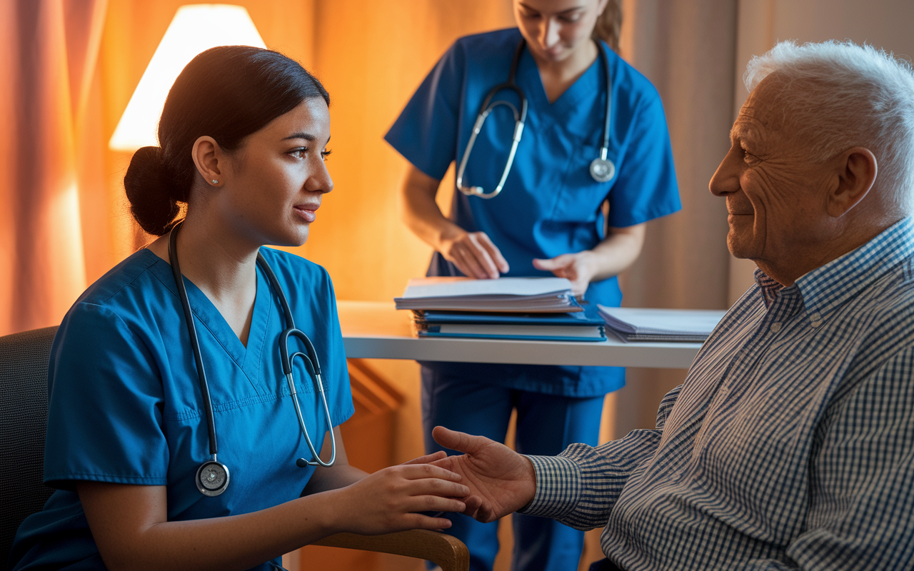 A focused International Medical Graduate (IMG), a Hispanic woman in scrubs, is sitting in a patient room attentively talking with an elderly Caucasian patient. The warm lighting creates a compassionate atmosphere as the patient looks comfortable and engaged. Behind them, a nurse organizes files, highlighting teamwork in a clinical environment. The scene captures a moment of empathy and effective communication.