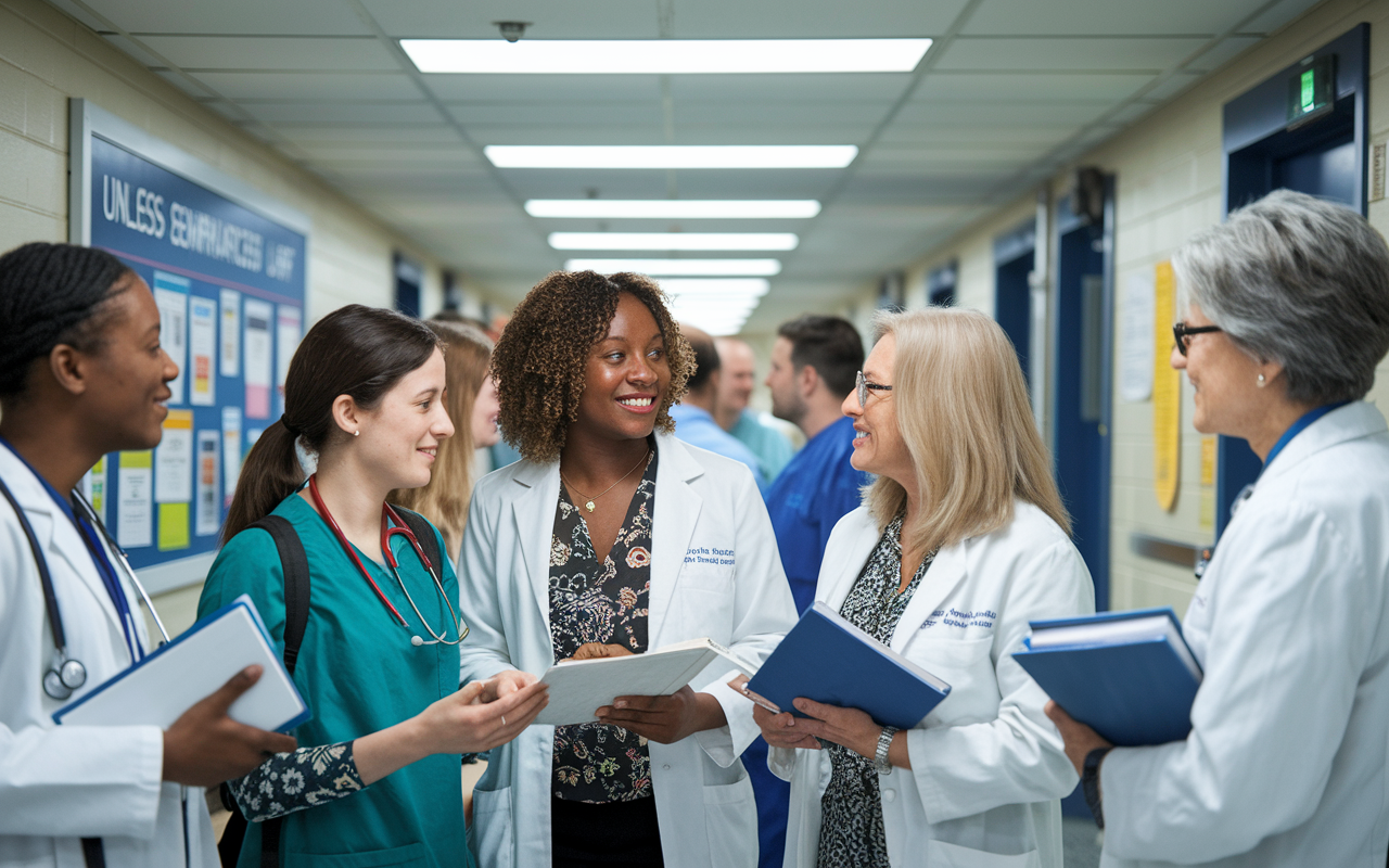 A lively scene in a hospital corridor where a group of International Medical Graduates (IMGs) of various backgrounds are engaged in conversation with senior medical staff. They are exchanging contact information and discussing potential mentorship opportunities under the soft glow of fluorescent lights. Some are holding medical books, and a bulletin board in the background displays upcoming seminars and conferences, emphasizing the importance of networking.