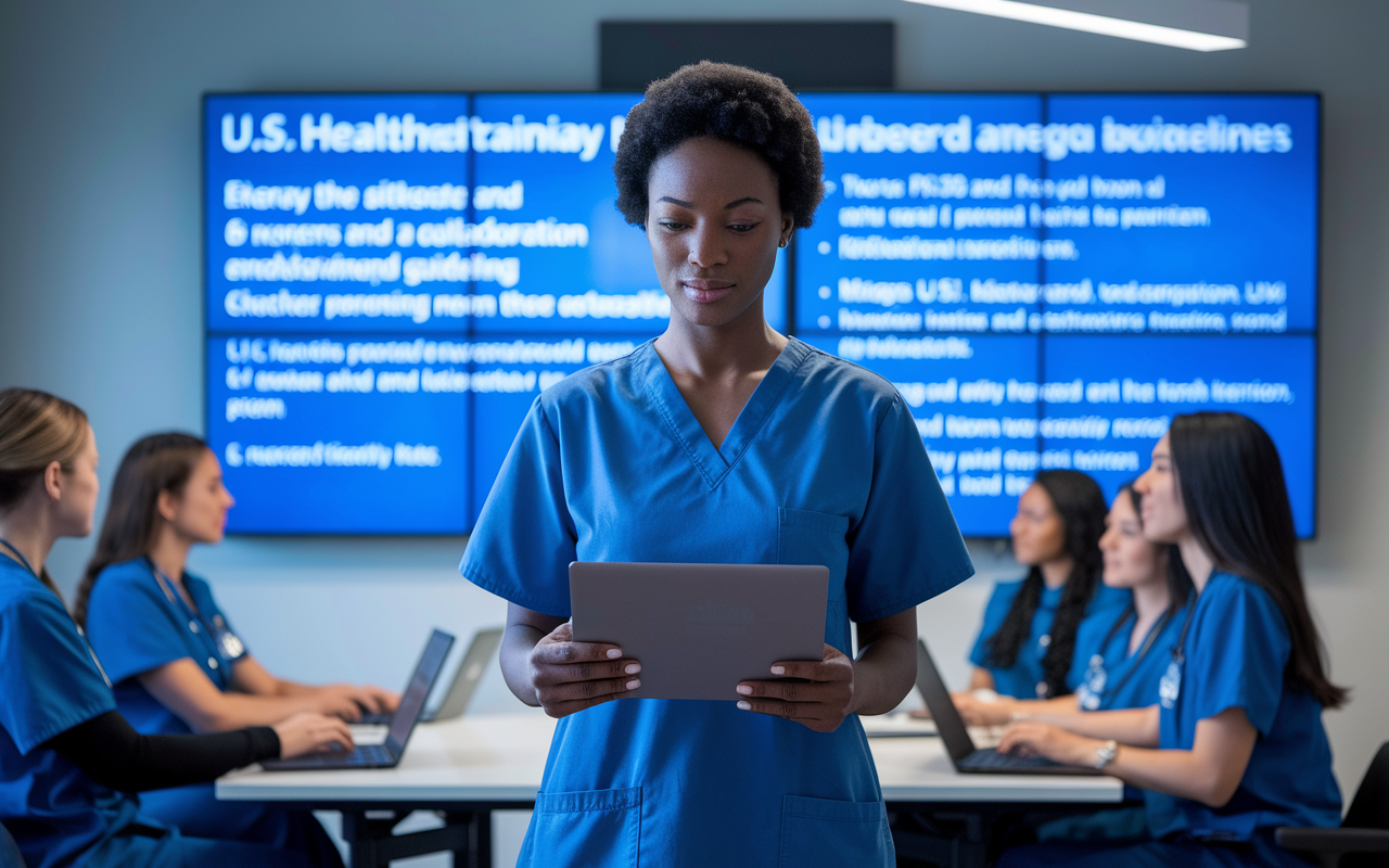 An International Medical Graduate (IMG), a Black woman in scrubs, stands in front of a digital display screen in a hospital training room. The screen illustrates U.S. healthcare policies and guidelines, which she studies intently with a look of determination. Other IMGs are seated around tables with laptops open, creating a collaborative learning environment. The lighting is bright and focused, emphasizing the essence of learning and adaptation.