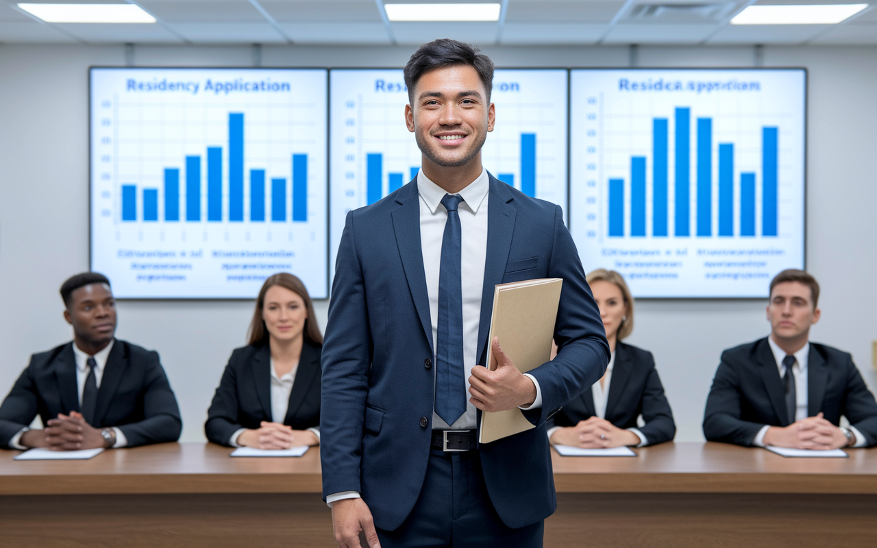 A confident International Medical Graduate (IMG), a South Asian man in a suit holding a folder, stands before a panel of judges at a residency application presentation. The room has a professional atmosphere, with charts and graphs displaying statistics of successful medical applicants in the background. The judges, depicted with attentive expressions, reflect the competitiveness and expectations of residency programs.