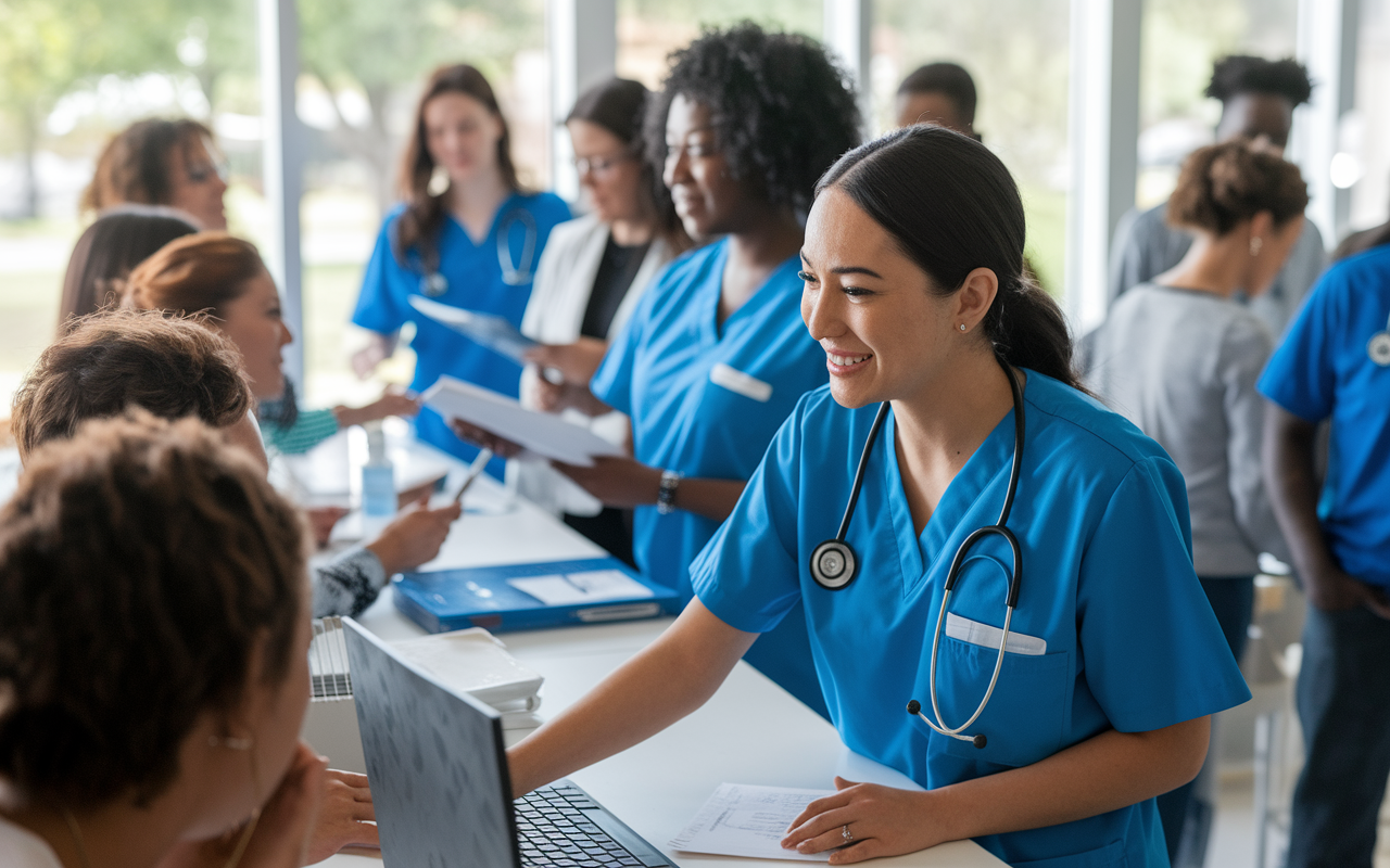 A warm scene showcasing an International Medical Graduate (IMG), a Hispanic woman, actively volunteering at a community clinic, interacting with patients at a check-in desk. Behind her, a diverse group of volunteers is engaged in administrative tasks and interacting with patients. The clinic is bustling with community members, portrayed in natural lighting that conveys a sense of compassion and community service.