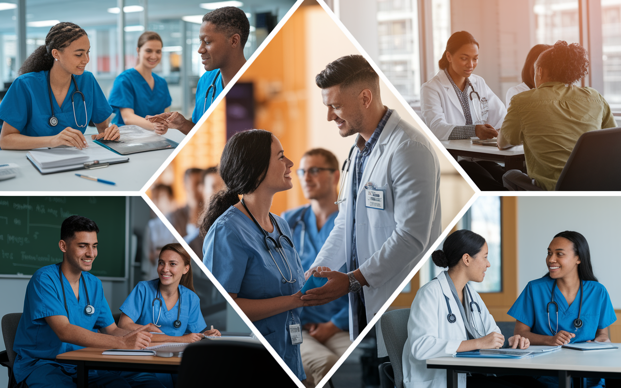 An inspirational montage of International Medical Graduates (IMGs) engaged in various clinical experiences in the U.S.: one IMG is conducting patient intake at a busy clinic, another is interacting with a mentor in a hospital setting, and a group of IMGs is in a classroom setting, participating in discussions on U.S. healthcare systems. The scene reflects diversity, inspiration, and the journey of IMGs striving for success in their medical careers, bathed in warm, motivating lighting.