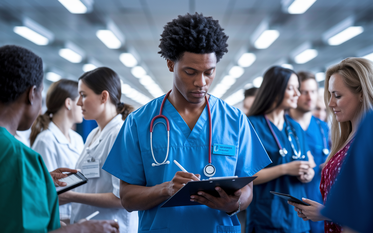 A determined International Medical Graduate (IMG) in a bustling hospital environment, wearing scrubs and interacting with a diverse patient group. The scene captures the IMG's focused expression while taking notes on a clipboard, surrounded by medical professionals in action, bright lighting from overhead fixtures illuminating the busy clinical atmosphere, conveying energy and dedication.