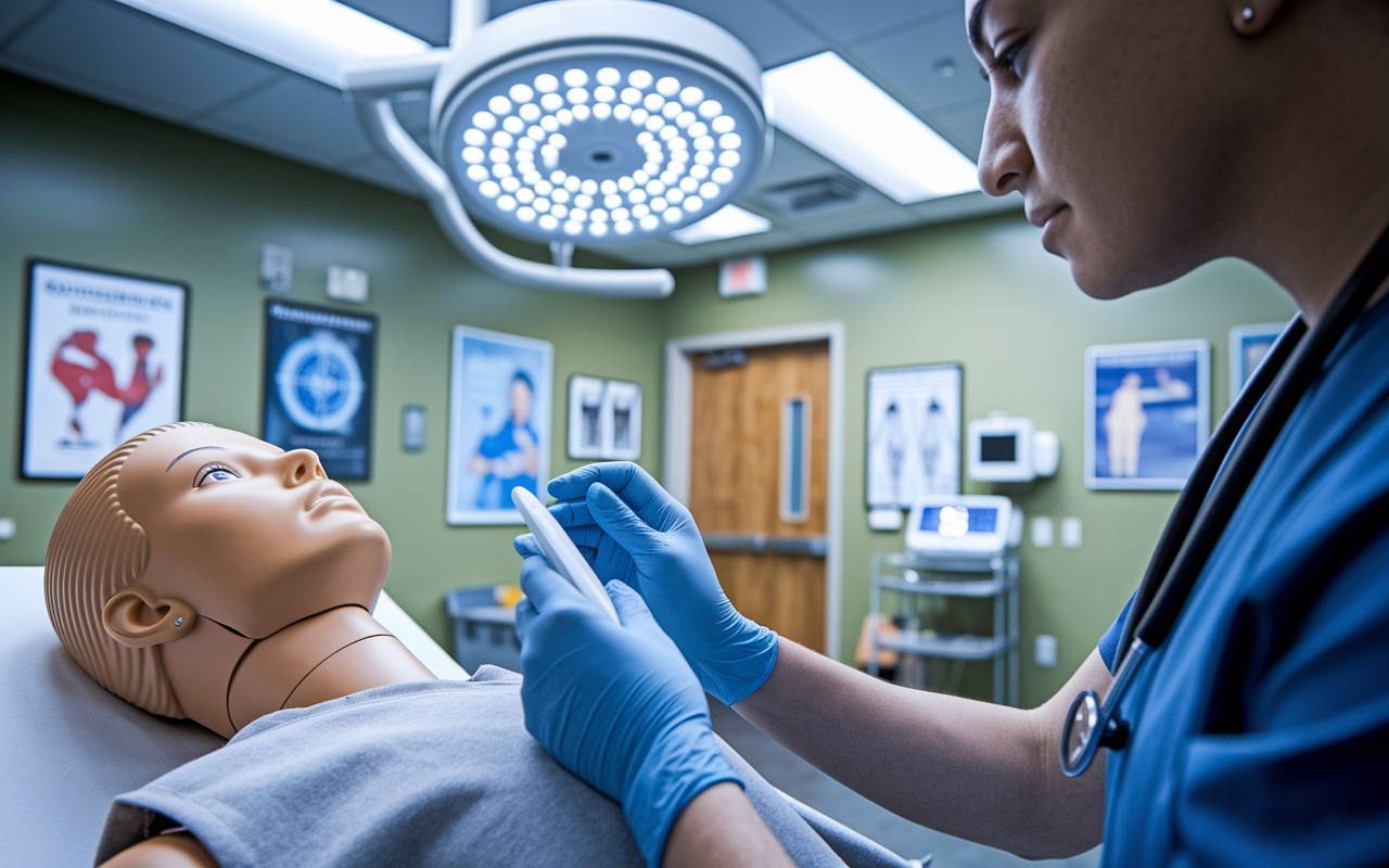 A close-up view of an IMG practicing clinical skills, like taking vital signs on a mannequin in a simulation lab. The environment is realistic, showing medical equipment and healthcare posters in the background, with a soft glow from overhead lights creating a professional and practice-oriented atmosphere.