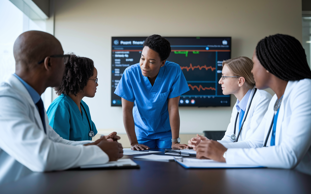 A scene depicting an IMG in a team meeting with healthcare professionals, discussing patient care plans. The setting is a well-lit hospital conference room, with medical charts on the table and a large screen showing patient data. The IMG is actively contributing, dressed professionally, highlighting teamwork and collaboration.