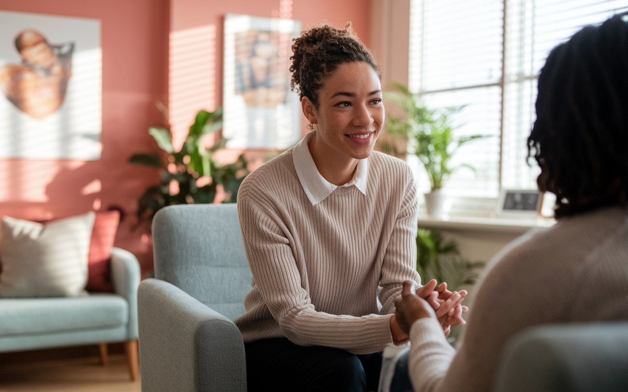 An IMG engaged in an externship at a mental health clinic, actively participating in a therapy session with a patient. The room is designed to be welcoming, with soft colors and comfortable furniture, showcasing interaction and empathy between the IMG and the patient. Warm, natural lighting filters through the window.