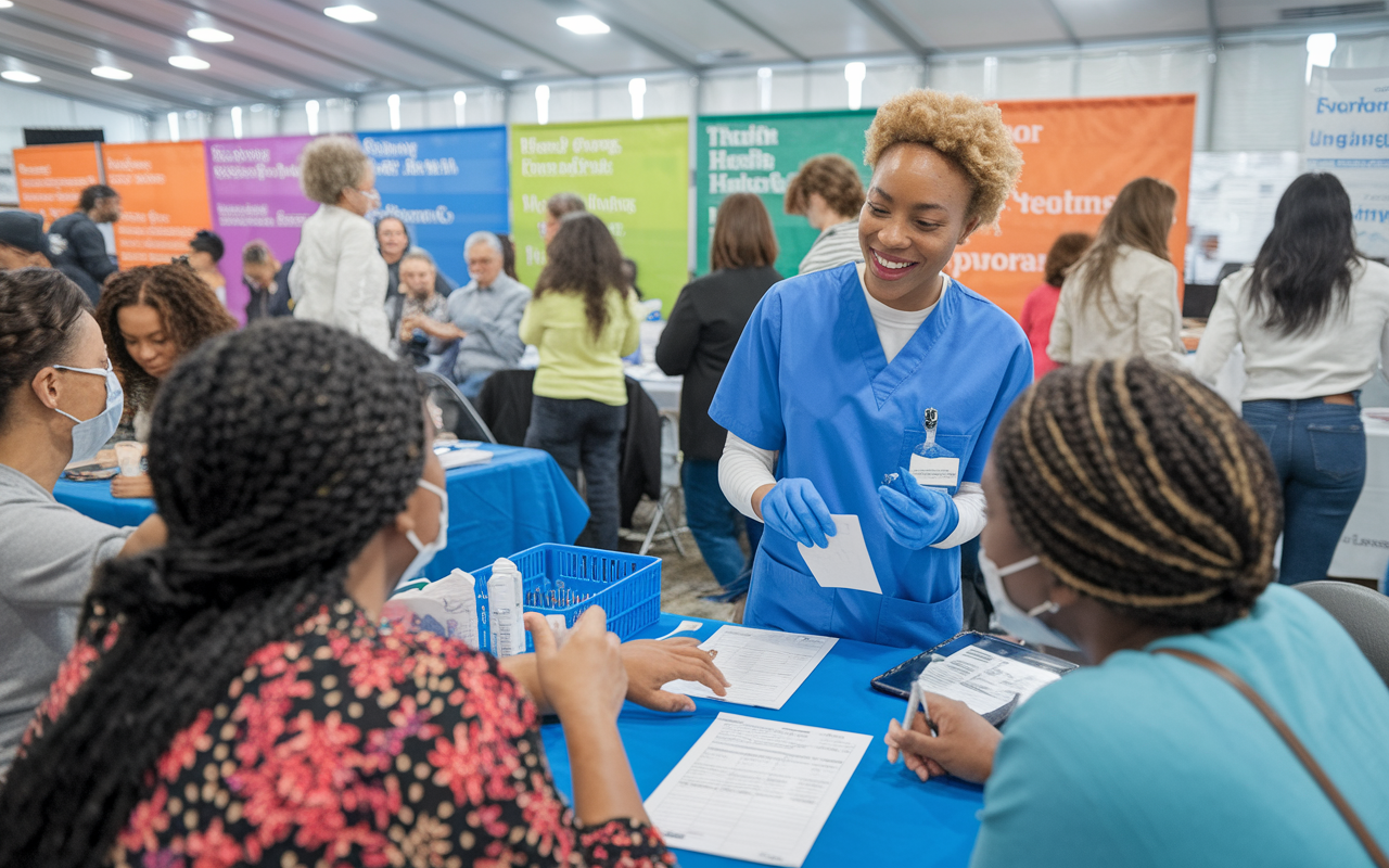 A vibrant scene of an IMG volunteering at a community health fair, assisting patients with medical screenings and health education. The atmosphere is lively with community members interacting, colorful banners promoting health awareness, and the IMG showing commitment and care while taking patient histories.