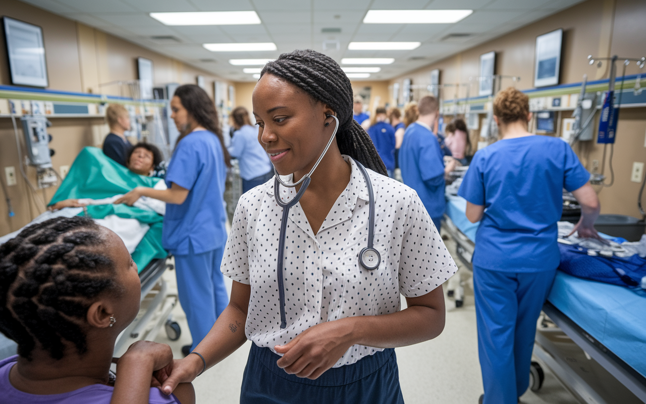 An IMG in a hospital ward as part of a clinical rotation, interacting with patients and conducting physical examinations. The ward is bustling with activity, showcasing a diverse patient population and medical staff. The IMG wears a stethoscope, demonstrating engagement and learning.