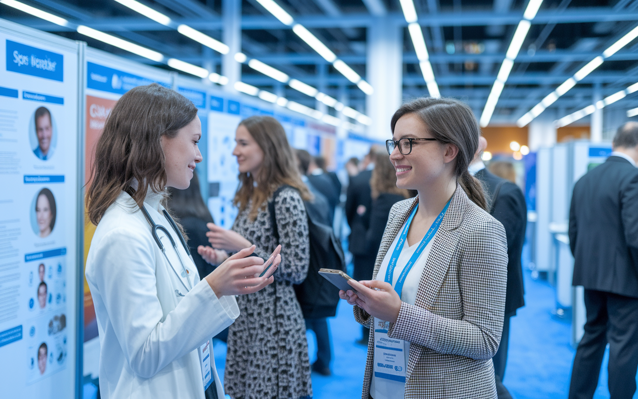 An inspiring visual of an IMG at a medical conference, networking confidently with professionals and showcasing interest in various specialties. The setting is vibrant with posters and exhibits, bright lighting highlighting engaging discussions around, symbolizing ambition and the pursuit of a successful medical career.