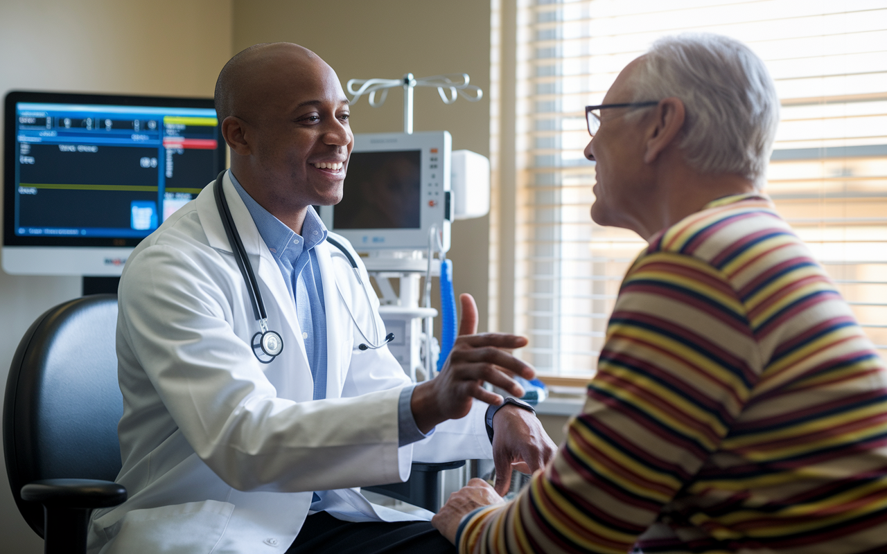 An International Medical Graduate consulting with a patient in a well-equipped examination room. The IMG, wearing a white coat, engages compassionately with a middle-aged patient, showcasing active listening. Medical equipment and a digital monitor displaying patient details are in the background. Natural light streaming through a window enhances the warmth of this patient-centered interaction, emphasizing the importance of communication and care in medical practice.