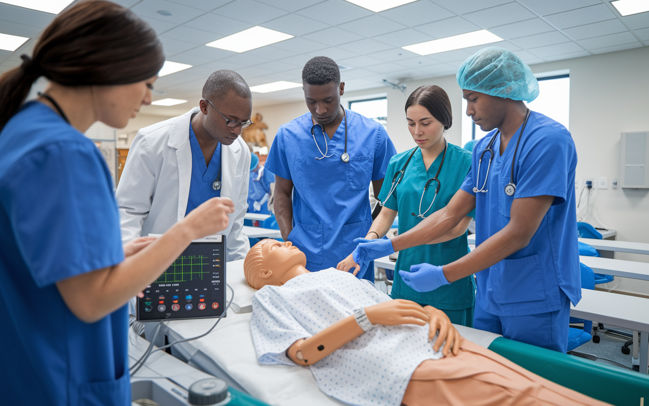 A group of International Medical Graduates practicing clinical skills in a simulated patient care environment. A realistic training mannequin, medical devices, and monitoring equipment are utilized as IMGs learn to assess vital signs under the guidance of an instructor. The classroom is bright and organized, reflecting a dedicated training atmosphere. IMGs display a mix of determination and focus as they collaborate and exchange ideas, illustrating their commitment to mastering essential clinical skills.