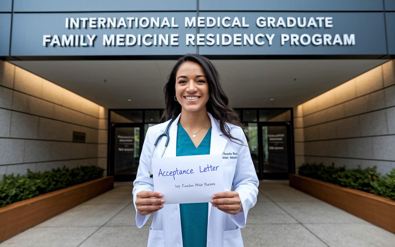 A proud Dr. Maria Aria, an International Medical Graduate, standing in front of her Family Medicine residency program. She smiles, holding her acceptance letter, radiating joy and achievement. The backdrop features a modern medical center with a welcoming atmosphere, symbolizing her journey from Brazil to becoming a practicing physician in the U.S. Her white coat represents her commitment, and the scene captures the essence of dreams coming true in the medical field.