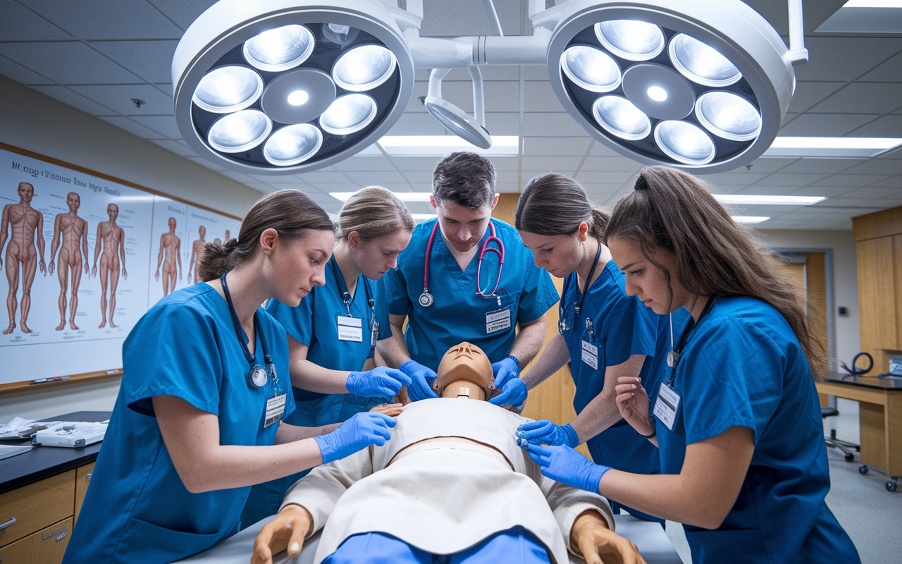 A dynamic scene of medical post-baccalaureate students engaged in clinical simulations in a spacious lab setting. Students, wearing scrubs, surrounding a realistic patient dummy practicing various medical procedures. A large whiteboard filled with diagrams of human anatomy looms in the background. Bright overhead lights illuminate their focused expressions, conveying a sense of urgency and professionalism, with medical equipment and tools scattered around.