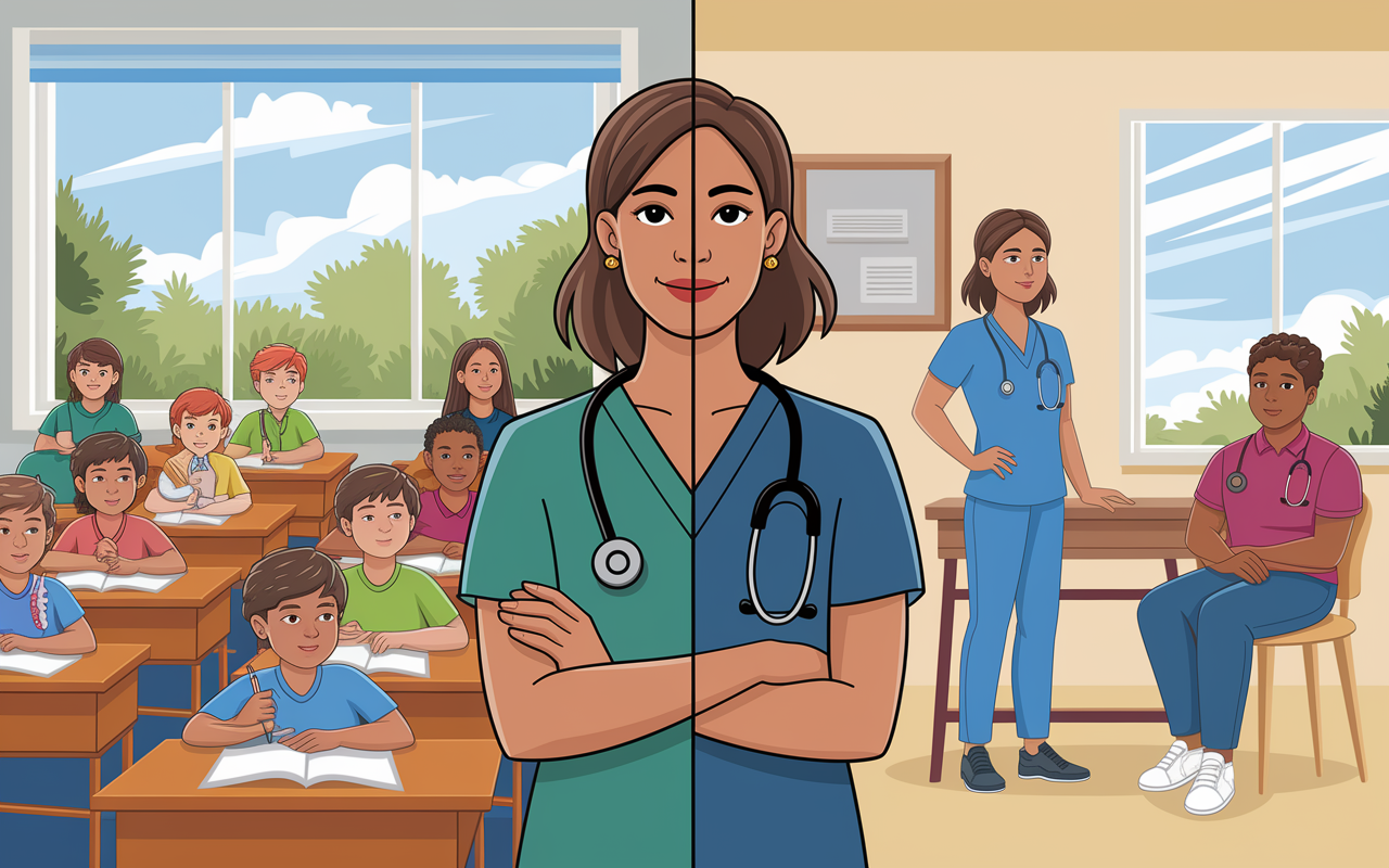 A split scene depicting Sarah’s transformation from teacher to medical student. On the left, Sarah is shown in a classroom filled with children, looking thoughtful. On the right, she stands confidently in a medical school setting, dressed in scrubs, holding a stethoscope, interacting with patients in a cheerful clinic environment, highlighting her successful career transition. The contrast between her past and present roles is vivid, with light filtering through the windows showcasing hope and achievement.