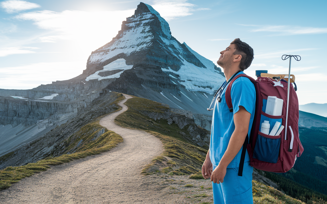 A determined International Medical Graduate (IMG) stands at the base of a towering mountain, symbolizing the challenges faced while applying for residency programs in the U.S. The scene includes a winding path leading up the mountain, representing the journey ahead. The IMG is depicted in scrubs, looking up with a hopeful expression, equipped with a backpack filled with medical tools. The sky is bright, symbolizing optimism and the potential for success, while the rugged mountain terrain signifies the difficulties of the application process.