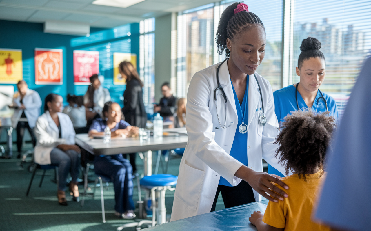 An International Medical Graduate (IMG) actively participating in hands-on patient care in a bustling clinic. The scene captures the IMG—a young Black woman—performing a physical examination on a child, while a nurse assists with equipment in the background. The clinic is vibrant, with diverse patients waiting and medical posters on the walls. Natural sunlight streams through the windows, illuminating the room, emphasizing the dynamic and engaging nature of patient interaction. The IMG showcases confidence and compassion in her work.