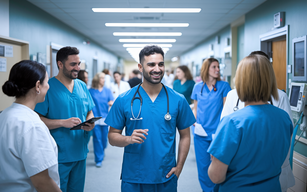 An International Medical Graduate (IMG), a Middle-Eastern man in scrubs, stands confidently in a busy hospital hallway. He holds a stethoscope around his neck, engaging with a group of medical staff, sharing a light moment. The hallway is dynamic, filled with patients and healthcare professionals, with medical equipment in sight. Soft fluorescent lights overhead create a bright, energetic atmosphere, symbolizing the IMG's growing confidence and ability to adapt in a clinical setting.